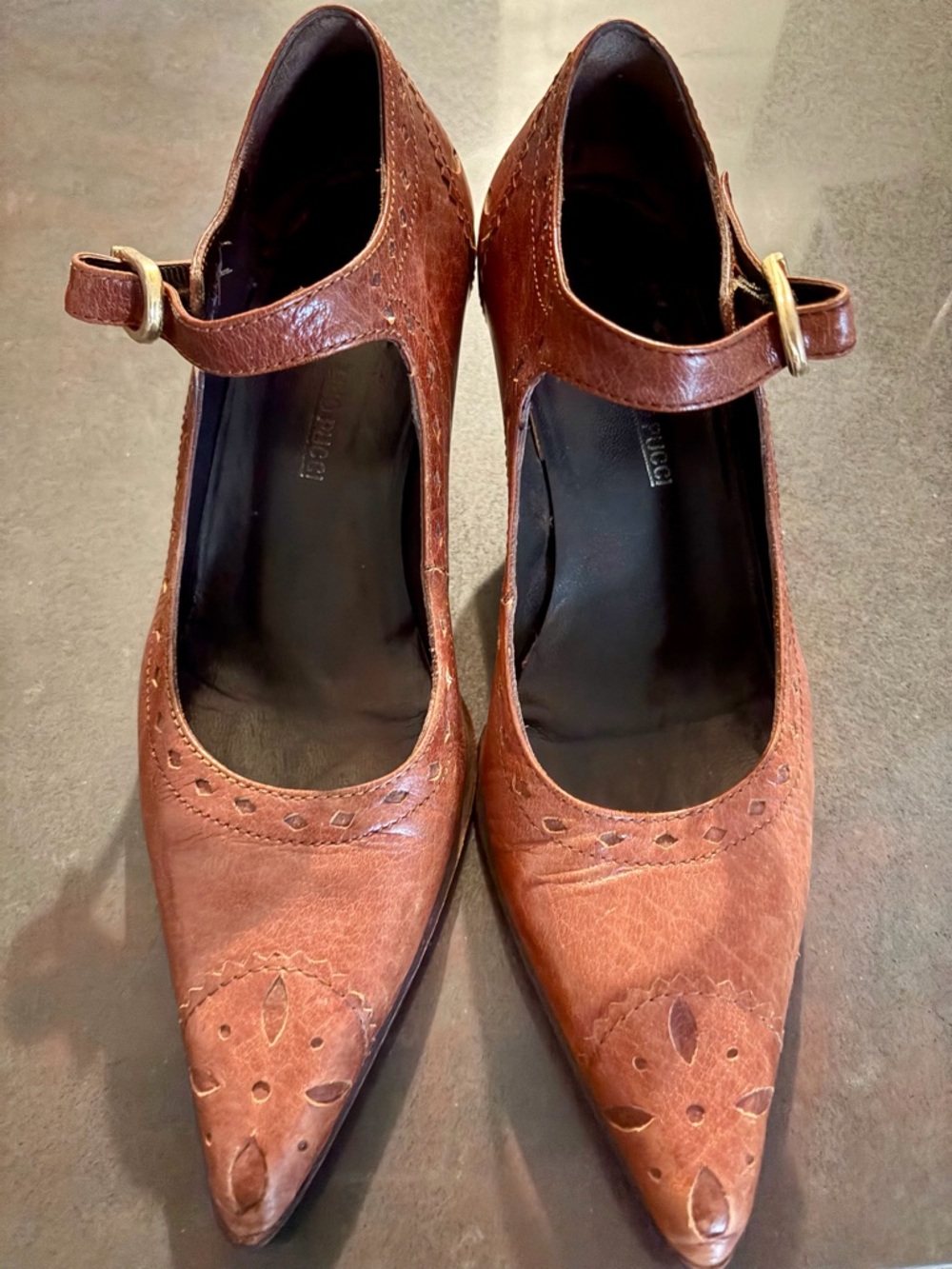 Women's Brown Leather Mary Jane Pumps - Classic Pointed Toe